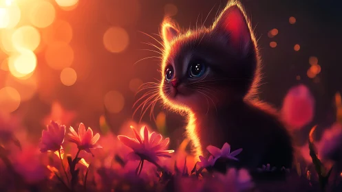Black Kitten Among Glowing Flowers in Golden Light.