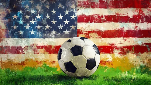 Soccer ball anchors painterly United States flag backdrop