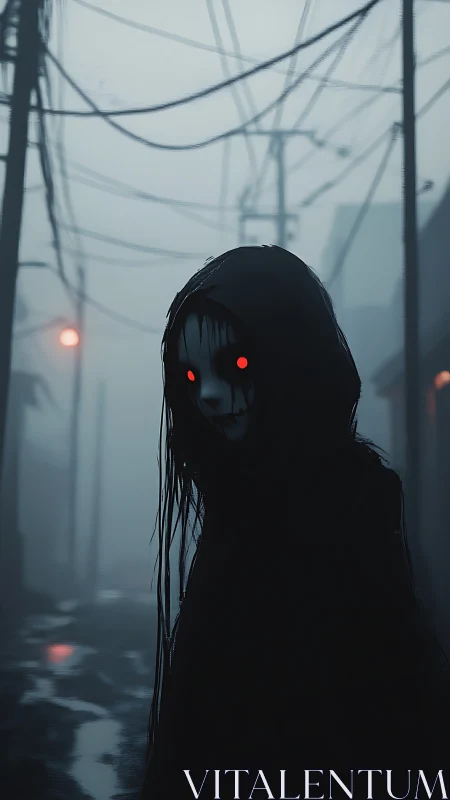 Hooded figure with red eyes stands in foggy urban alley