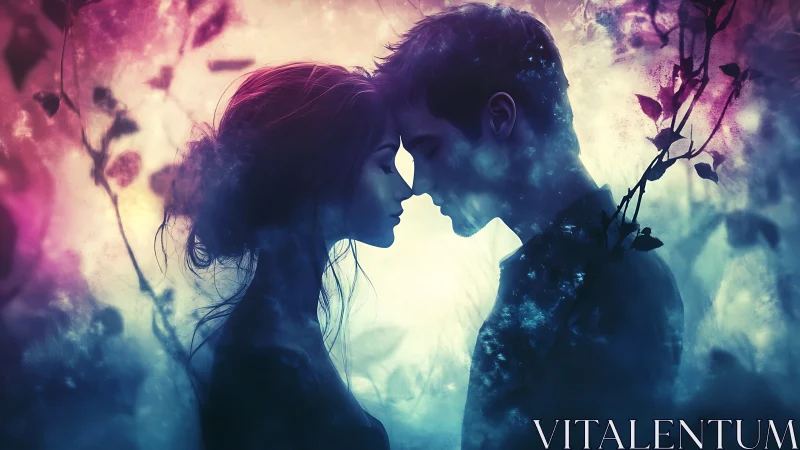 Silhouetted Figures with Double Exposure Floral Elements