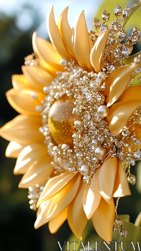 Jewelled golden sunflower sculpture with pearl accents.