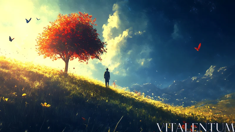 Solitary wanderer under a glowing red tree at sunrise.