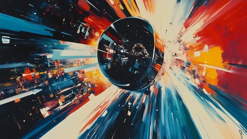 Astronaut capsule tunnels through abstract relativistic light corridor