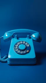 Retro blue rotary telephone on monochrome backdrop.