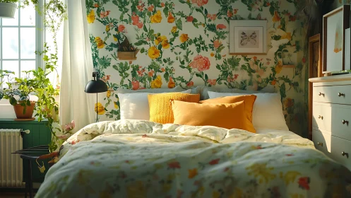 Sunlit floral bedroom with yellow pillows and plants visible