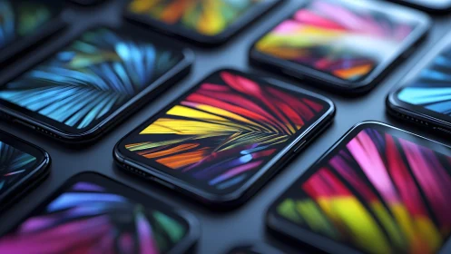Multiple smartphones with abstract colorful screens in modern style.