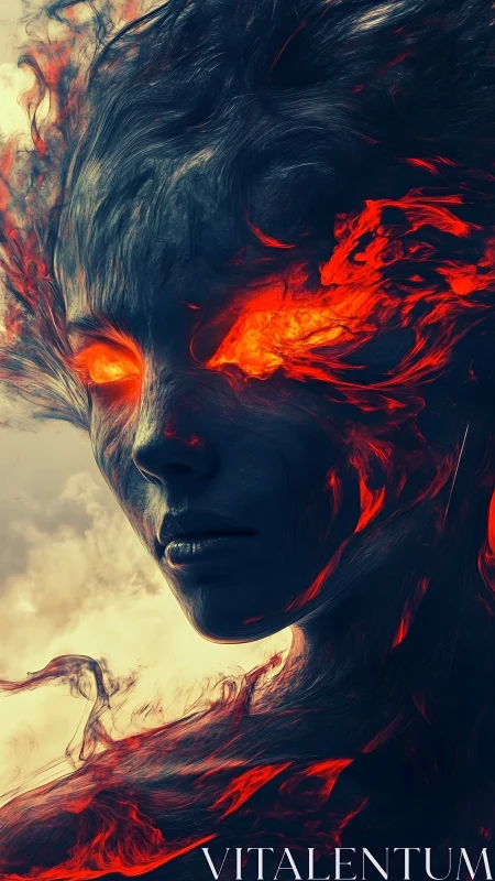 Ember-eyed spirit in swirling smoke and molten light.