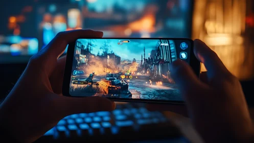 Mobile gamer immersed in a cinematic action shooter world