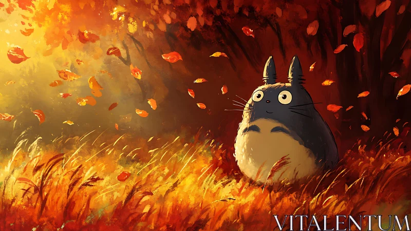 Autumnal forest field with rotund stylized creature observing leaves.