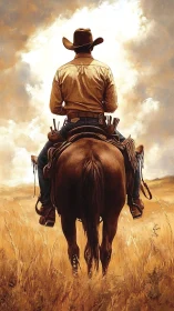 Rear-projection study of mounted cowboy in ochre grassland.