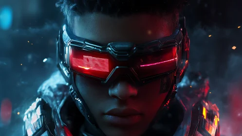 Futuristic soldier with red visor in glowing cyber armor.