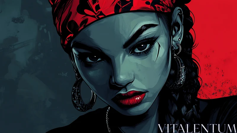 Defiant woman with red bandana stares into harsh split light