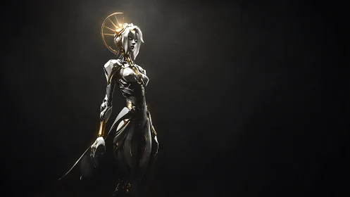 Silver humanoid android with halo detail in dark space.