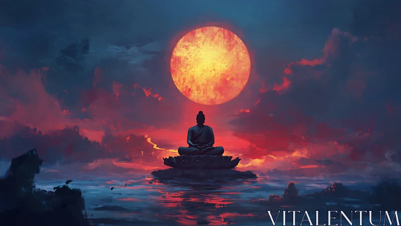 Digital painting of meditative figure under molten sun horizon.