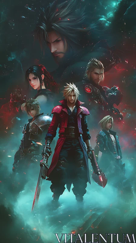 Brooding anime warriors assemble amid cosmic neon storm.