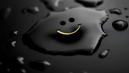 Liquid smiley face in glossy black puddle on dark surface.