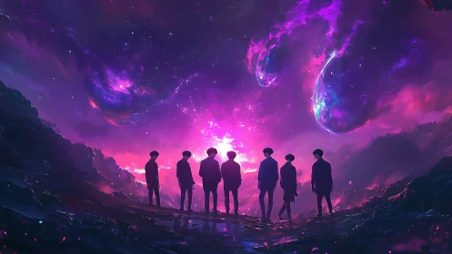 Seven silhouetted figures stand under vivid cosmic sky