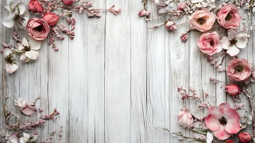 Pink Flowers and Petals on Whitewashed Wood.
