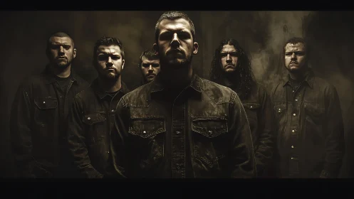 Dark-clad rock band members stand in dramatic smoky light.