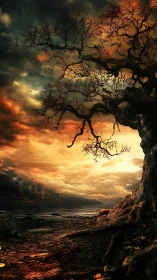 Ancient cliffside tree guarding a storm lit crimson horizon.