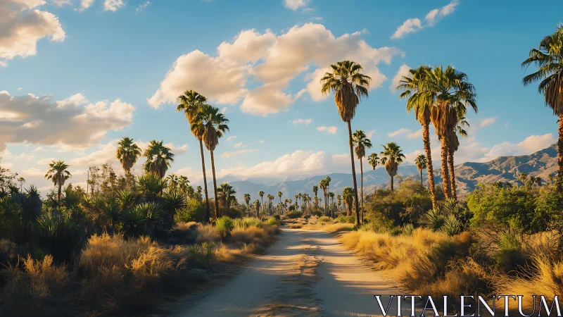 Sunlit desert road leads through palm oasis toward mountains