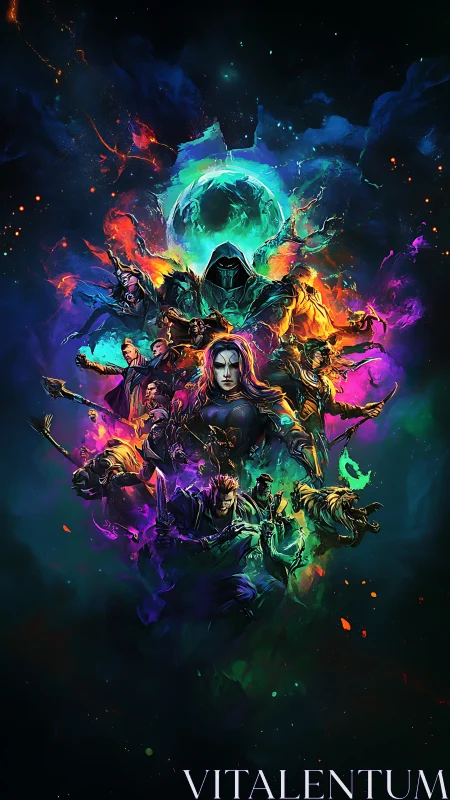 Mythic heroes converge beneath fractured cosmic moon