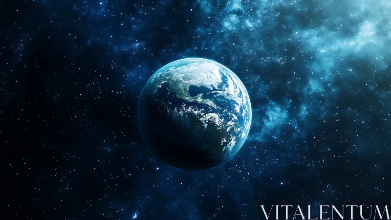 Illuminated Earth globe in deep interstellar starfield expanse