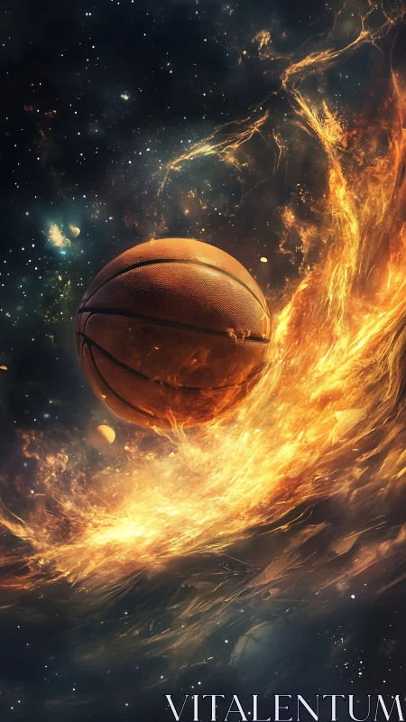Fiery space basketball soaring through a glowing cosmic trail.