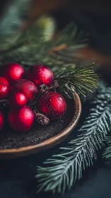 Frosted red berries rest softly among evergreen branches