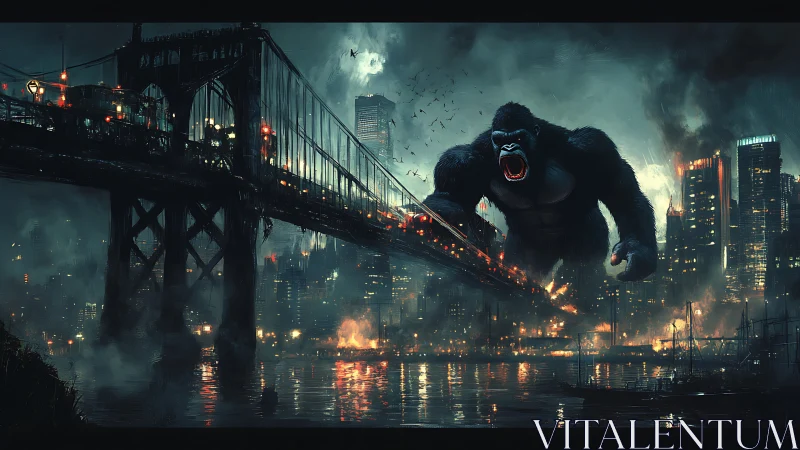 Giant gorilla figure confronts suspension bridge in burning city