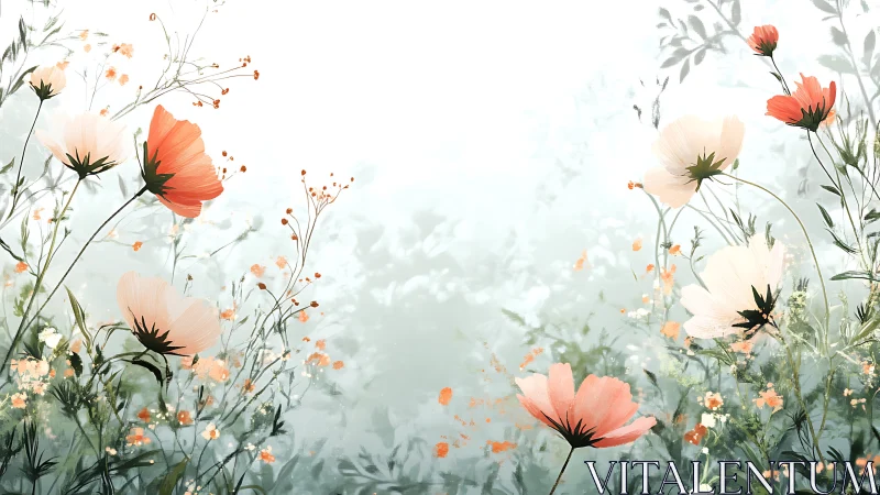Watercolor Wildflowers in Soft Peachy Tones with Misty Background