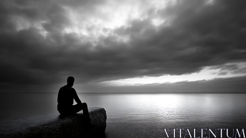 Silhouetted figure studies horizon under brooding coastal sky