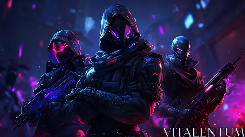 Cyberpunk assault squad with neon masked enforcers posed.