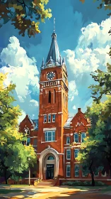 Historic red brick clocktower dominates sunlit campus courtyard