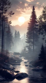 Backlit alpine conifer forest river at atmospheric sunrise