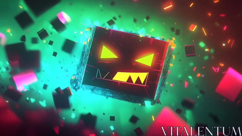 Glowing voxel predator cube amid neon volumetric debris.