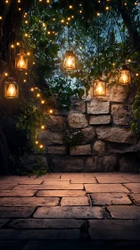 Digital painting of lantern-lit ivy courtyard with stonework focus.