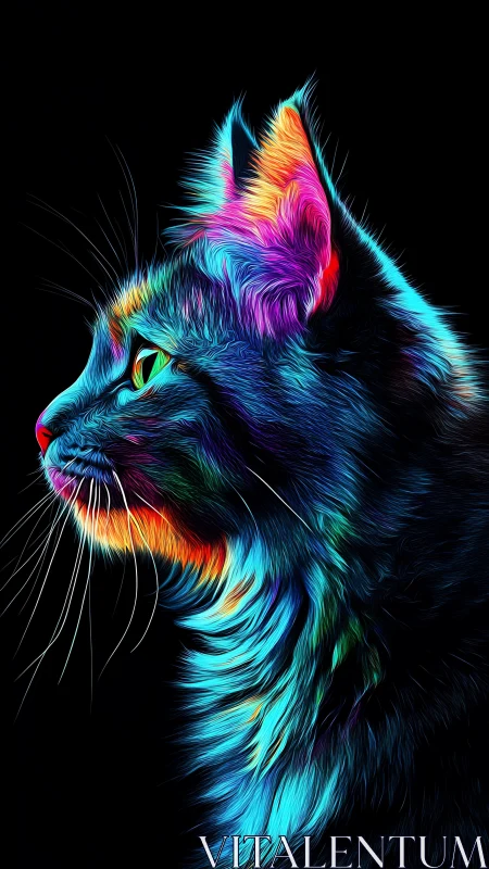 Kaleidoscopic Feline Radiates Neon Dreams Against Midnight Void