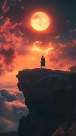 Solitary figure on cliff silhouetted against colossal blood moon