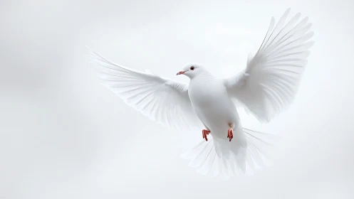 High-key photorealistic white dove in symmetrical flight study.