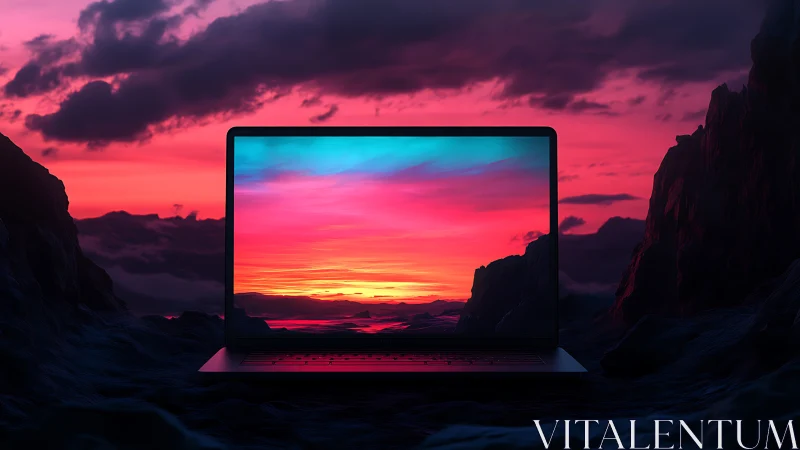 Laptop window glowing with a dreamy neon desert sunset.