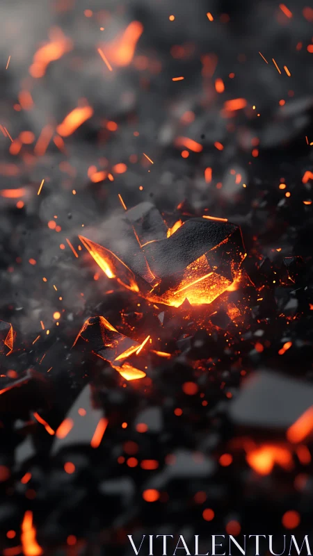 Incandescent Embers and Ash in Dynamic Combustion Scene.