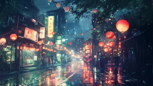 Rain-soaked lantern street glows with neon-tinted midnight dreams.
