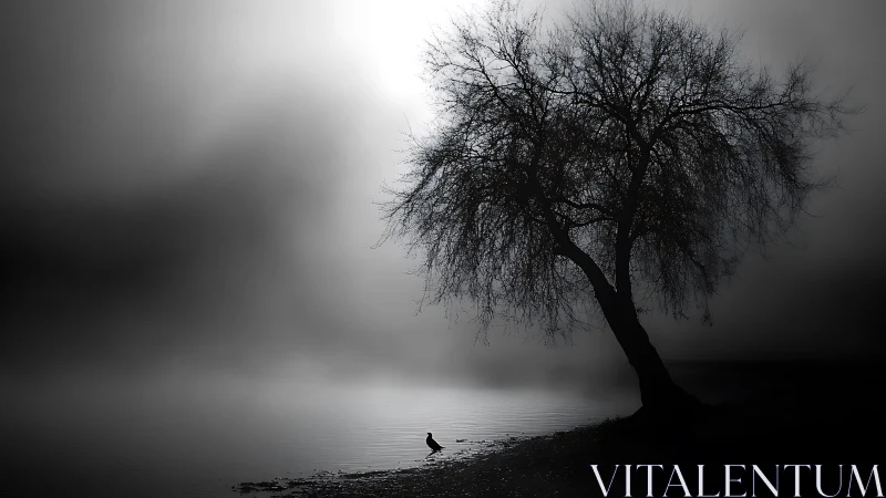 Solitary tree leans over misty lakeshore in ethereal dusk