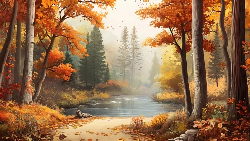 Autumn forest landscape with river running through woodland terrain.