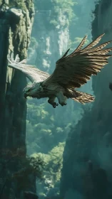Digital painting of a mythical eagle gliding through misted cliffs.