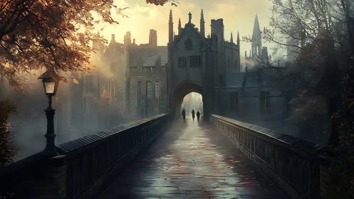 Autumn mist over a quiet bridge to a storybook college.