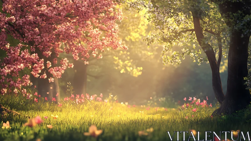 Spring woodland glade with backlit blossom trees and soft haze.