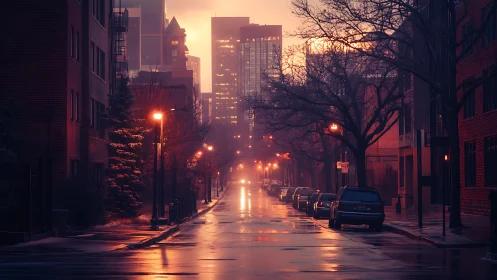 Digital painting of misty urban street at sunrise perspective.