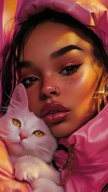 Soft neon portrait unites girl and white cat in warm glow
